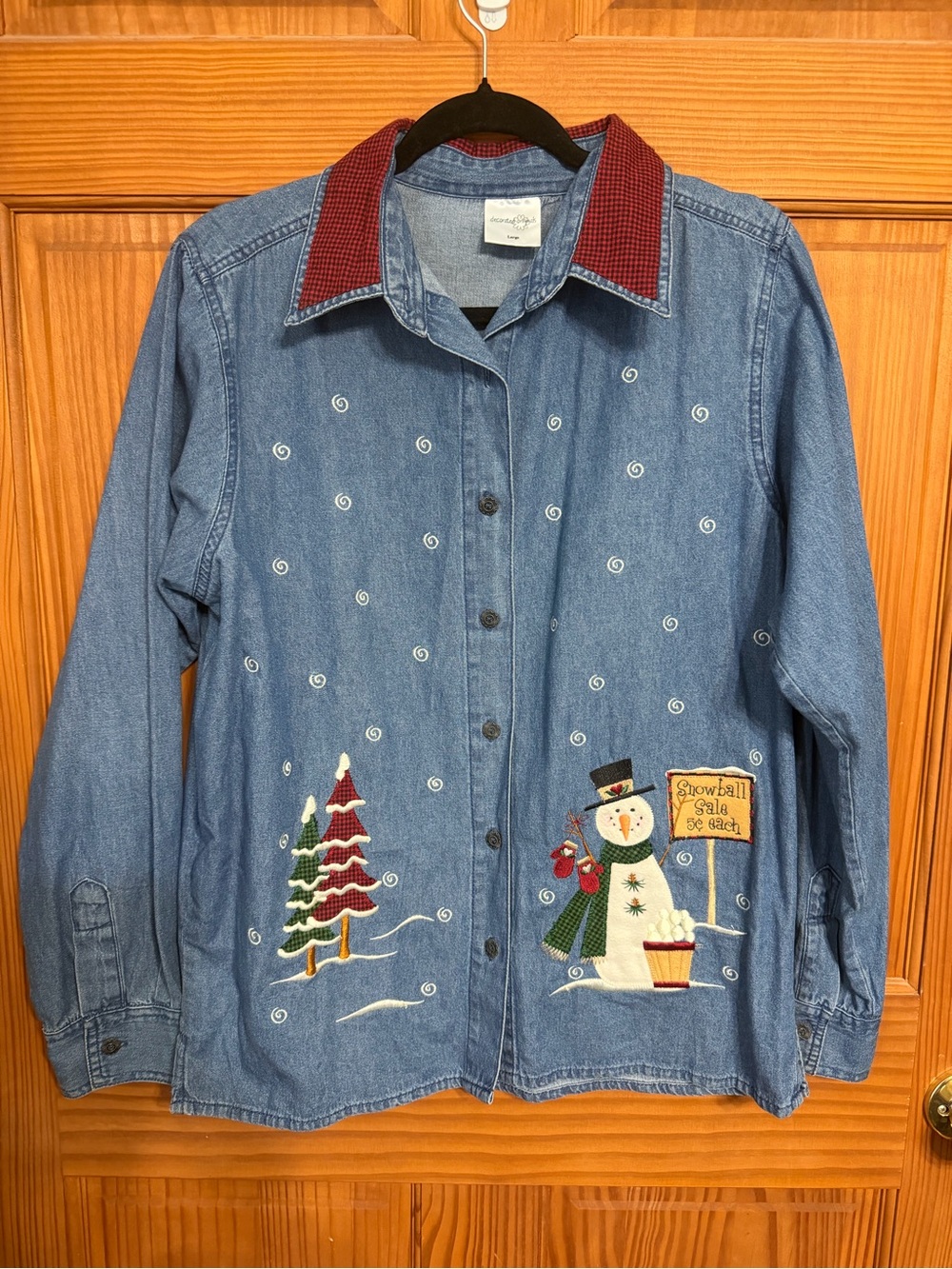 Vintage Denim Snowman Embroidered Holiday Jacket - Blue Large